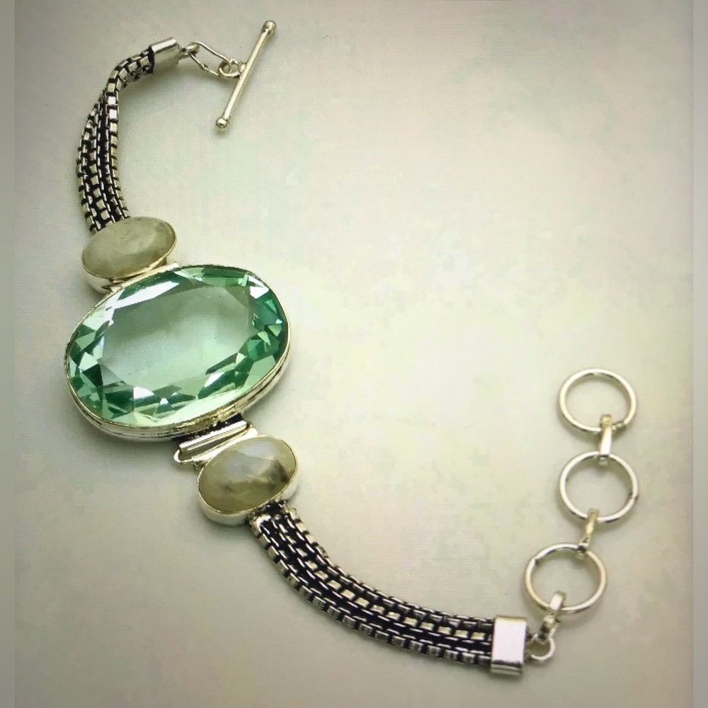 Aquamarine Moonstone Stamped 925 Sterling Silver Bracelet
